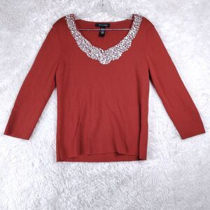 Cable & Gauge M Red Embellished Scoop Neck Stretch Top Rhinestone Holiday